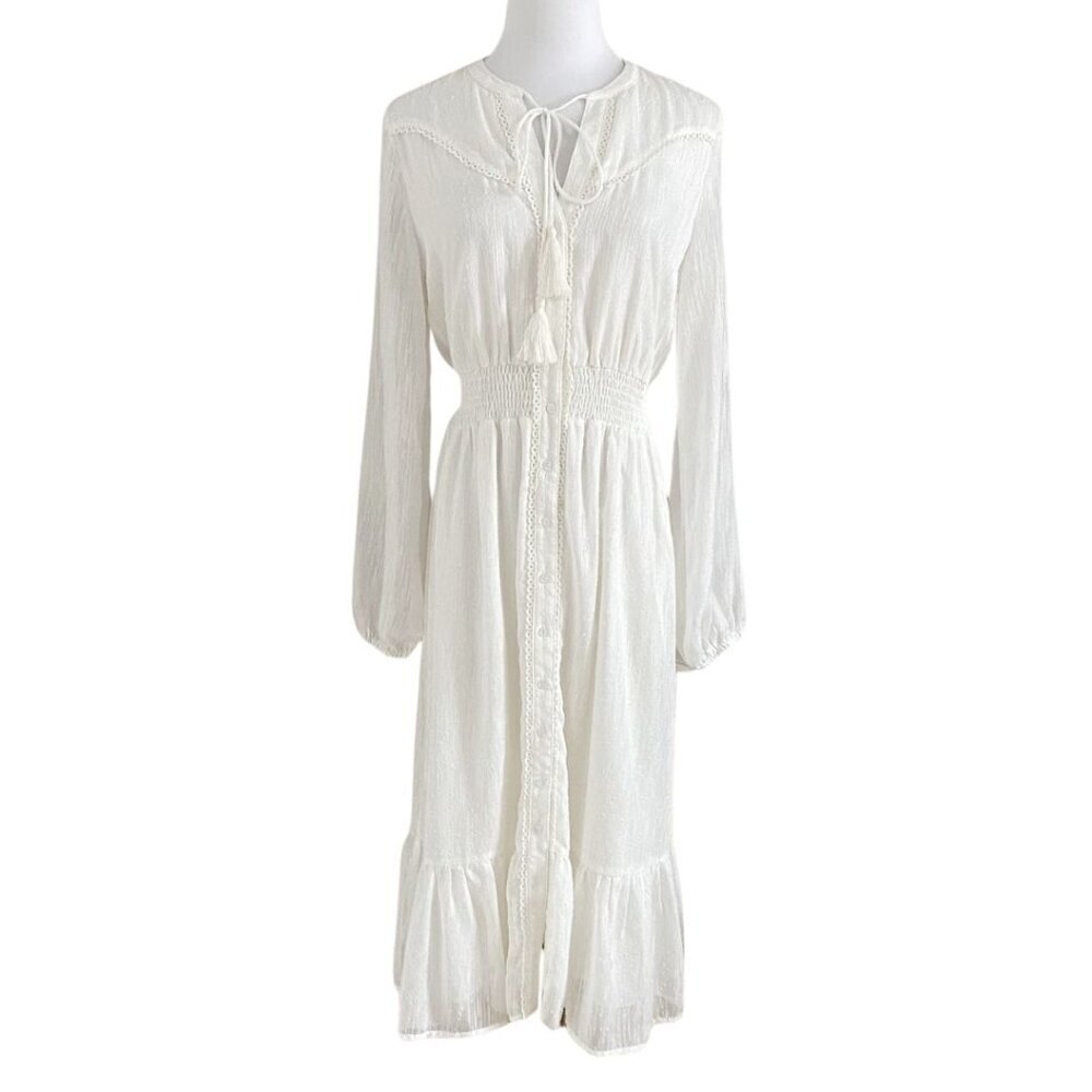 LOST + WANDER WHITE TEXTURED BUTTON FRONT SMOCKED WAIST TASSEL MAXI DRESS - S